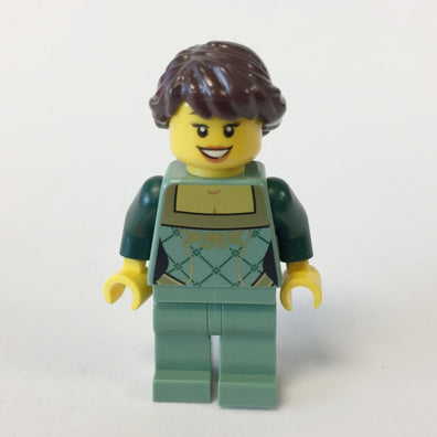 LEGO Minifigure-Sand Green Female Corset with Gold Trimmed Front, Sand Green Legs, Dark Brown Hair Ponytail Long French Braided-Town / City-CTY444-Creative Brick Builders